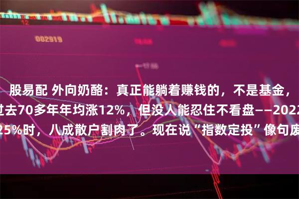 股易配 外向奶酪：真正能躺着赚钱的，不是基金，是时间。标普500过去70多年年均涨12%，但没人能忍住不看盘——2022年跌25%时，八成散户割肉了。现在说“指数定投”像句废话，可真能做到每月扣款、跌了